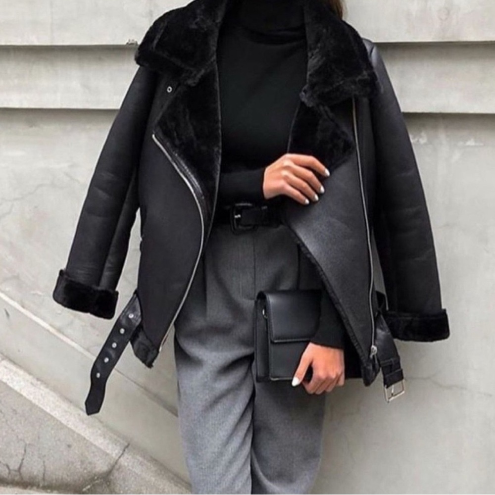 Zara Double-Faced Jacket Oversized Black Faux Suede Blogger Fave Moto Bomber L